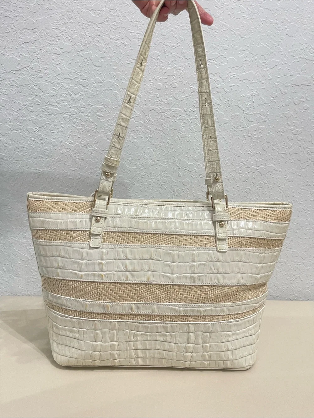 Brahmin Cream Croc-Embossed & Woven Tote Bag with Tassel